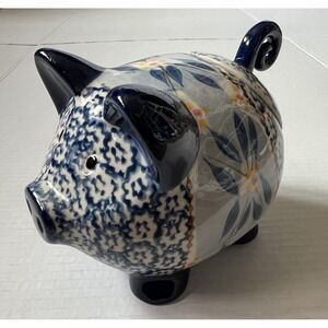 TEMPTATIONS‎ PRESENTABLE OVENWARE -Blue Floral Pig Ceramic Canister Pot with Lid